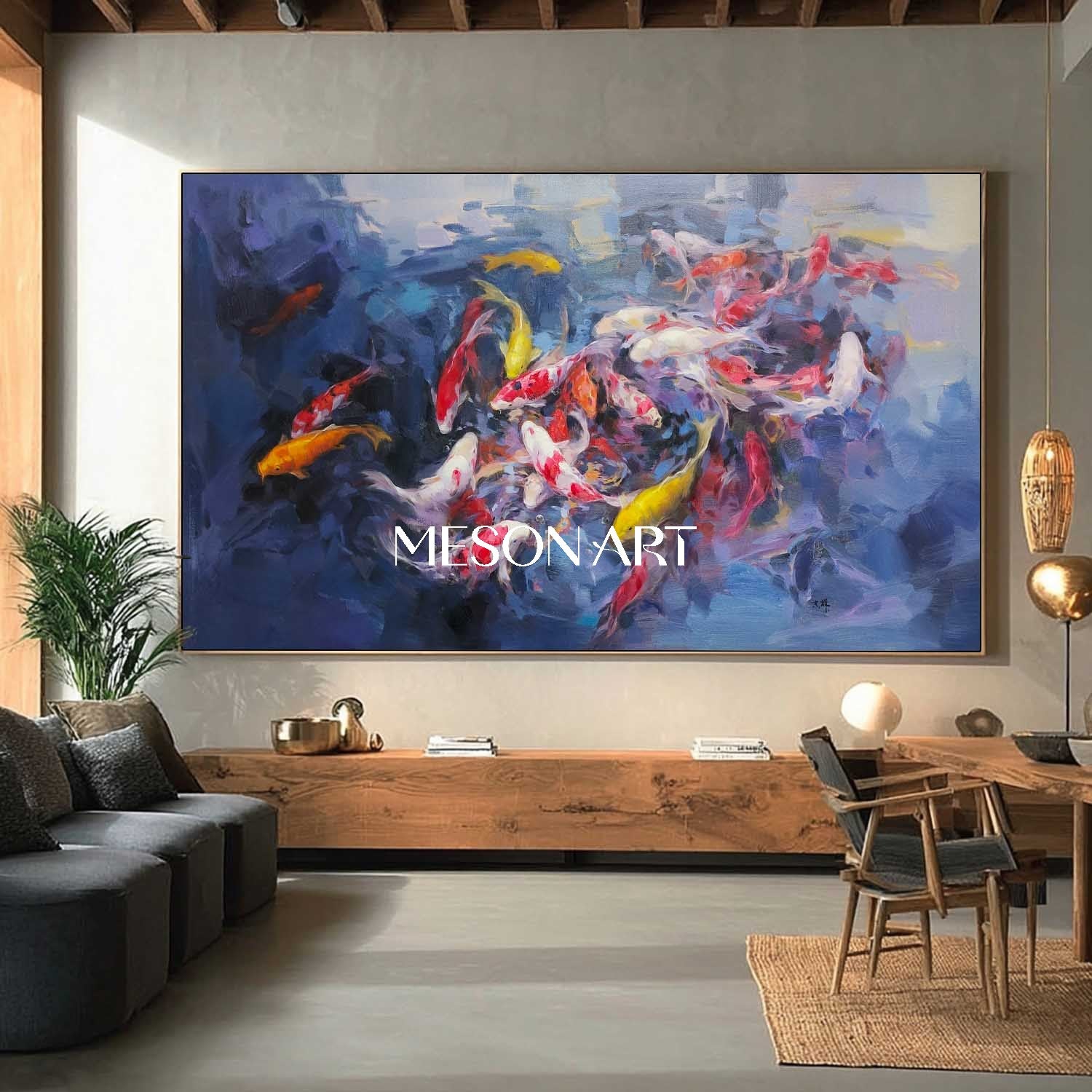 Colorful Koi Fish Wall Art Hand-Painted Abstract Energy Canvas fo Home