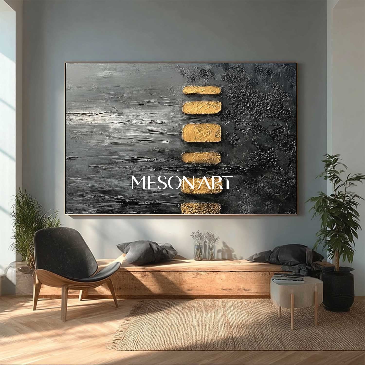 Modern Abstract Gold and Black Wabi-Sabi Painting for Luxury Spaces