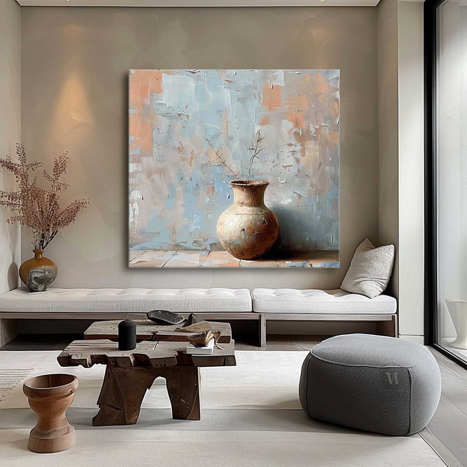 Cyan Clay Pot Minimalist Painting Clay Pot Wabi Sabi Canvas Wall Art for Sale