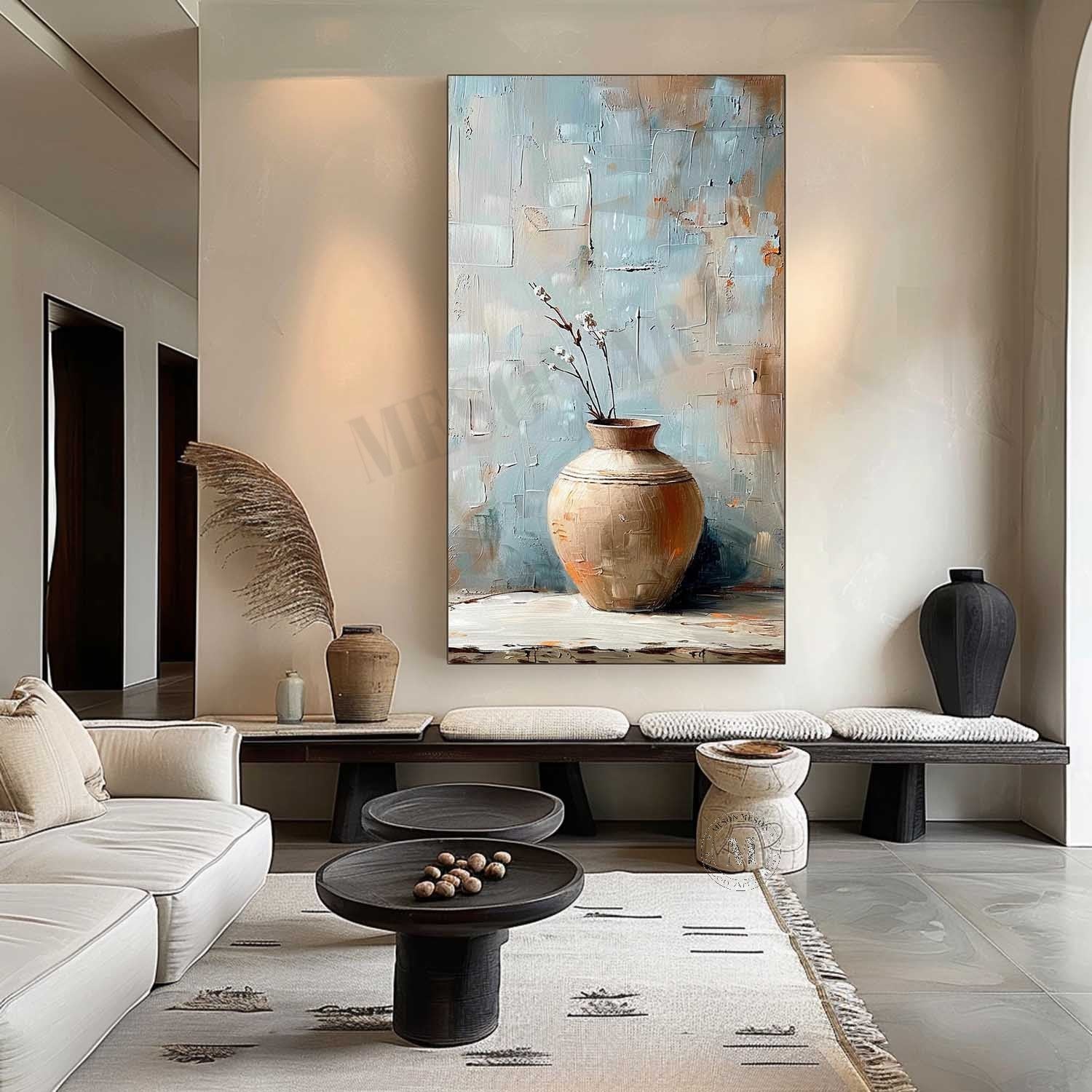 Large Clay Jar Vase Canvas Art for Sale Clay Jar Vase Artwork Earthy Clay Jar Still Life Painting