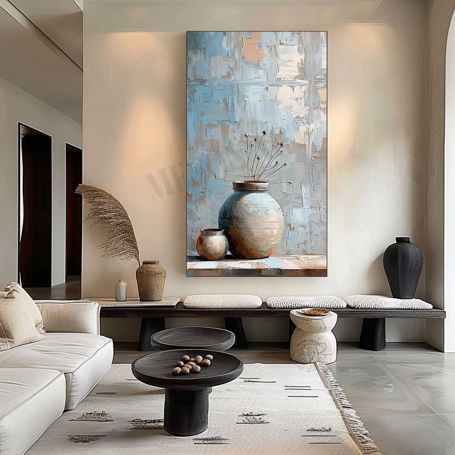 Large Blue Clay Jar Vase Canvas Art for Sale Clay Jar Vase Artwork Clay Jar Still Life Painting