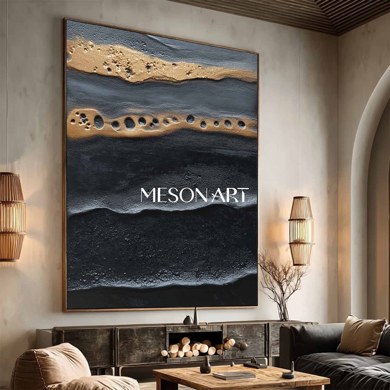 Order Elegant Abstract Painting Gold and Black Texture for Dining Room