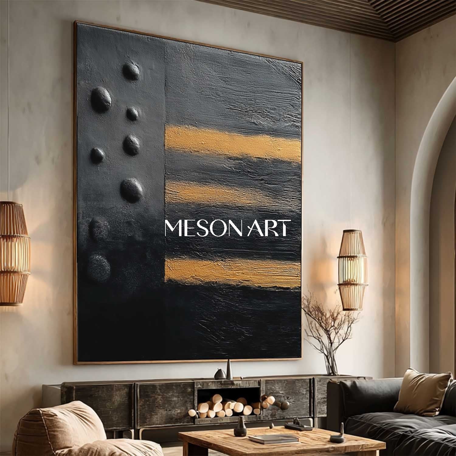 Shop Hand-Painted Black and Gold Abstract Canvas Art for Office Wall