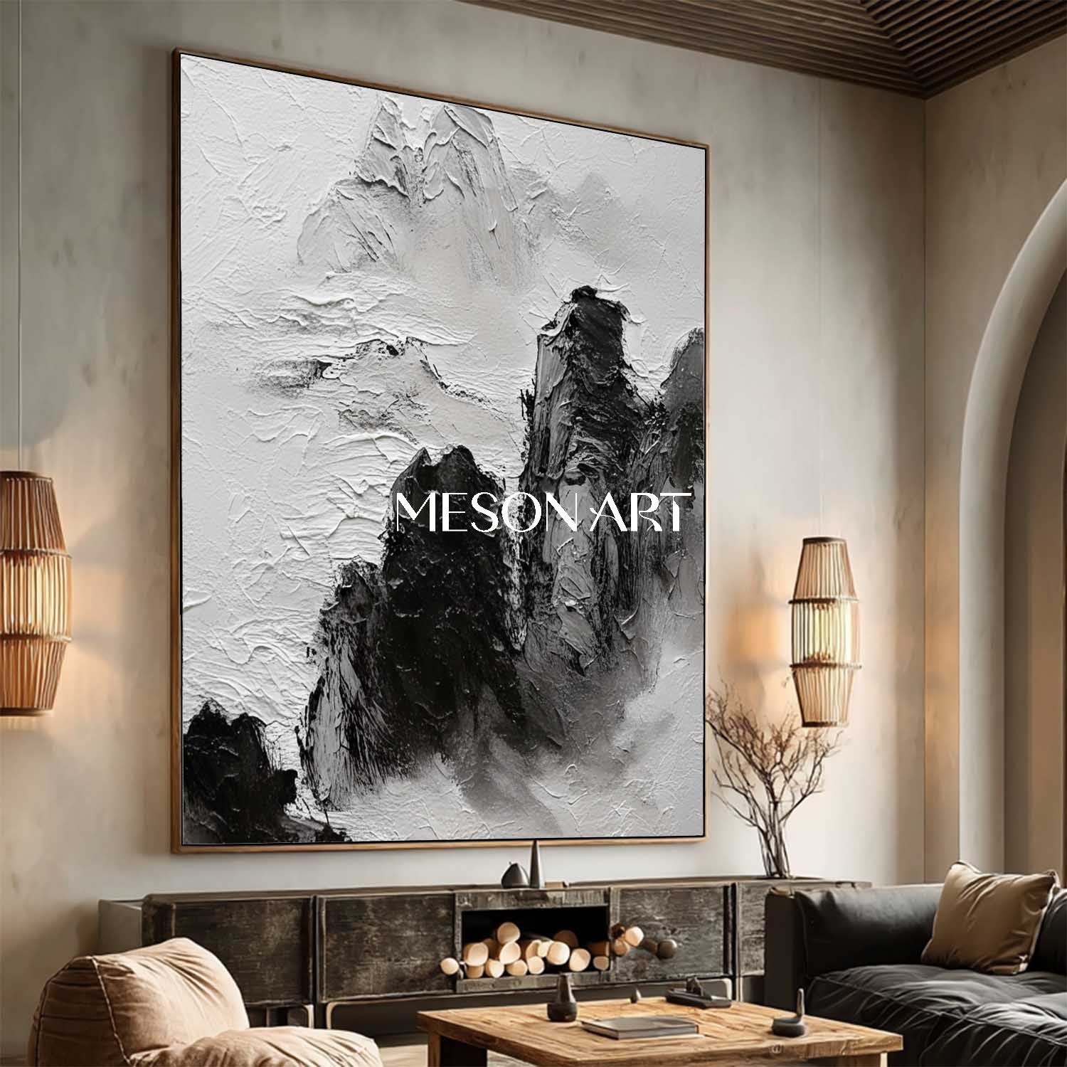 Large Black White Landscape Wabi Sabi Style Textured Canvas Wall Decor