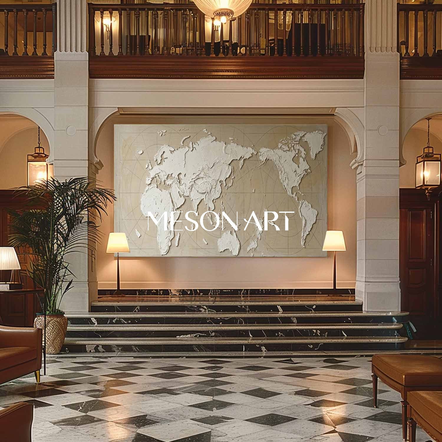 3D Plaster Textured World Map Canvas Art, Gold Framed Wall Painting