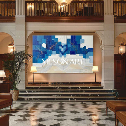 Modern Large Framed Blue and Beige Textured Geometric Heart Wall Art | 3D Plaster Canvas Painting for Living Room | MesonArt