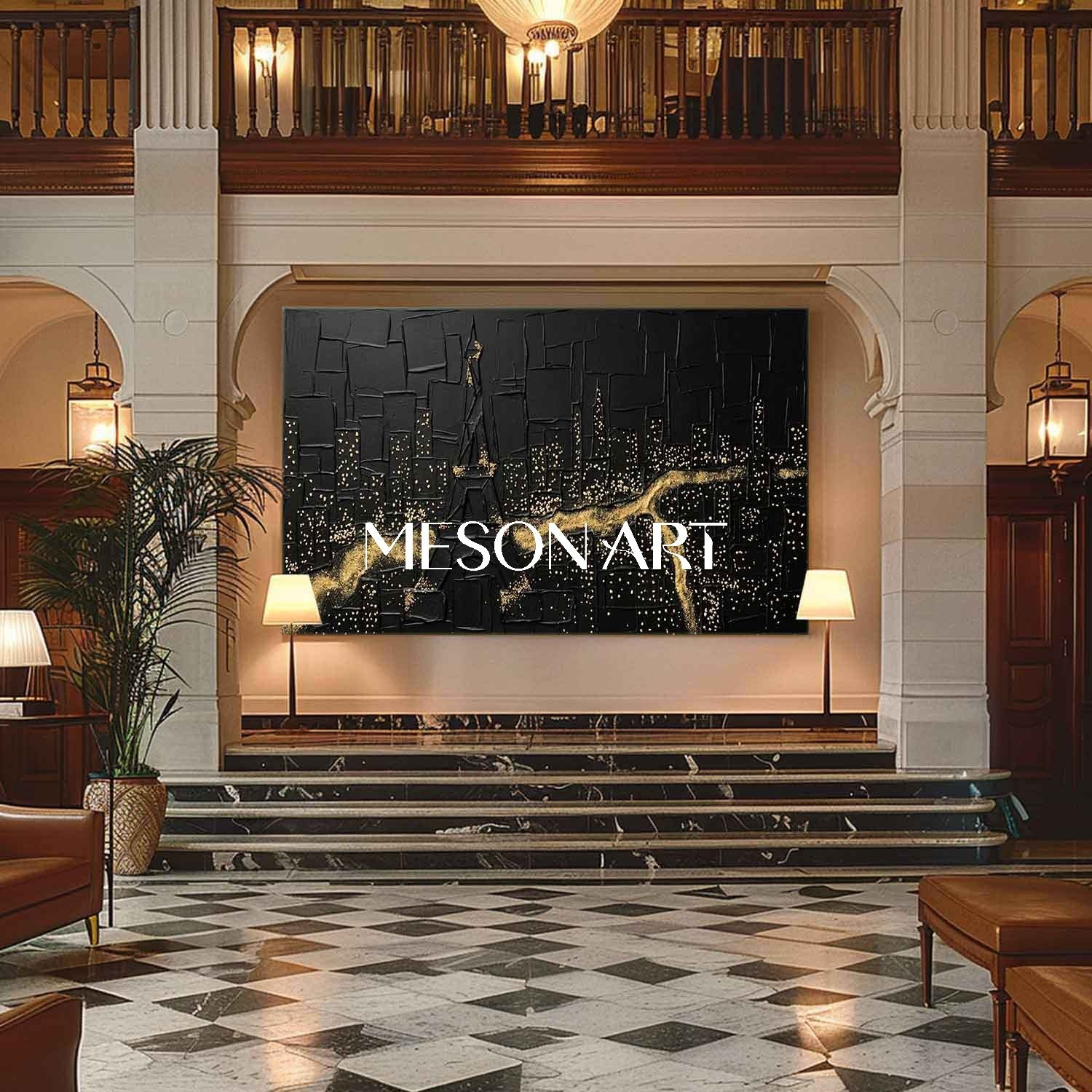 Large Abstract Forest Black Gold Canvas Minimalist Stardust Forest Aesthetic