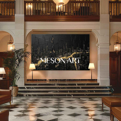 Large Abstract Forest Black Gold Canvas Minimalist Stardust Forest Aesthetic