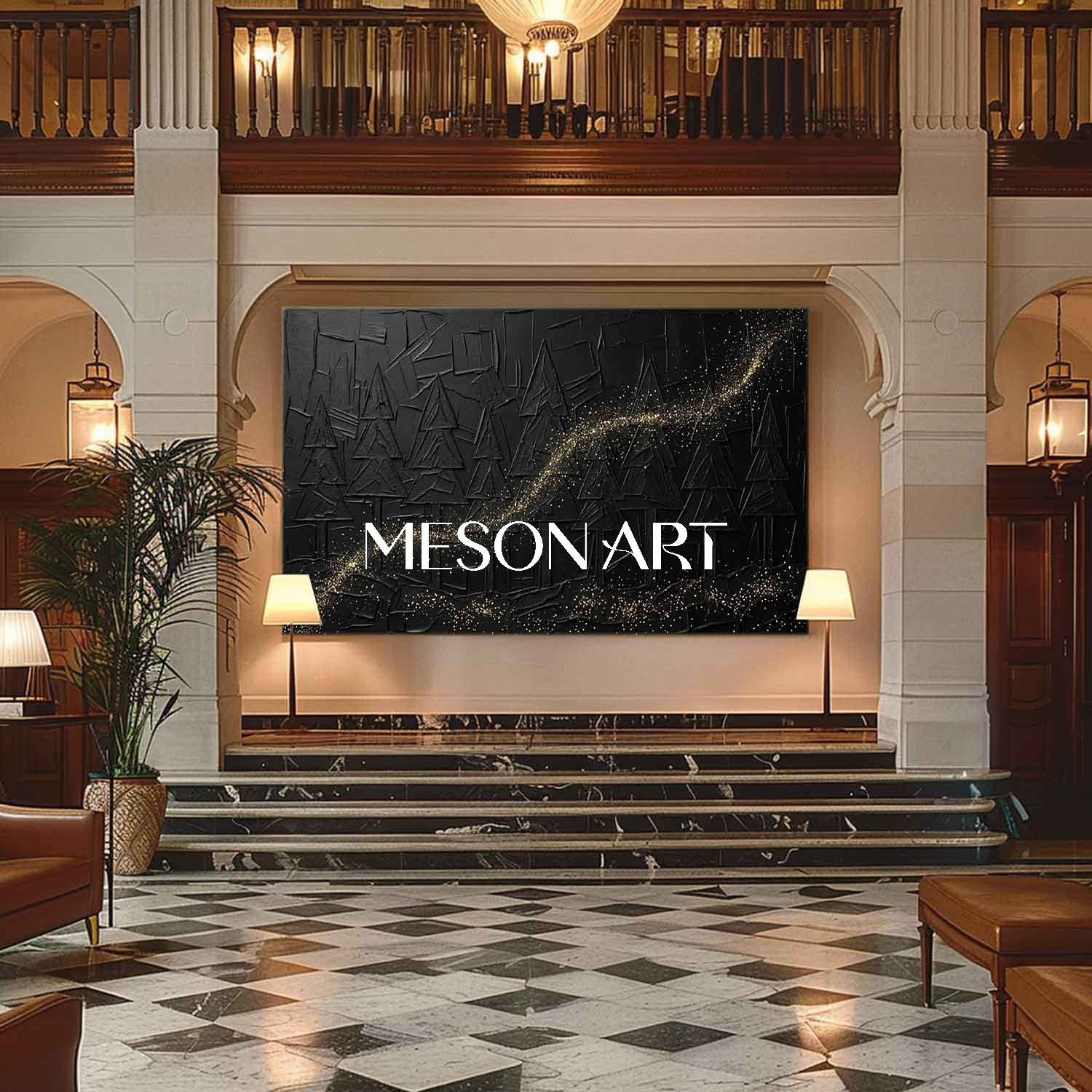 Large Abstract Forest Black Gold Canvas 3D Textured Geometric Pine Tree Art