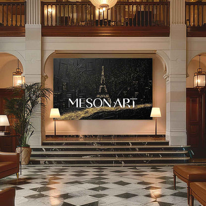 Textured Black & Gold Paris Eiffel Tower 3D Gesso Canvas Art Modern Wall Decor