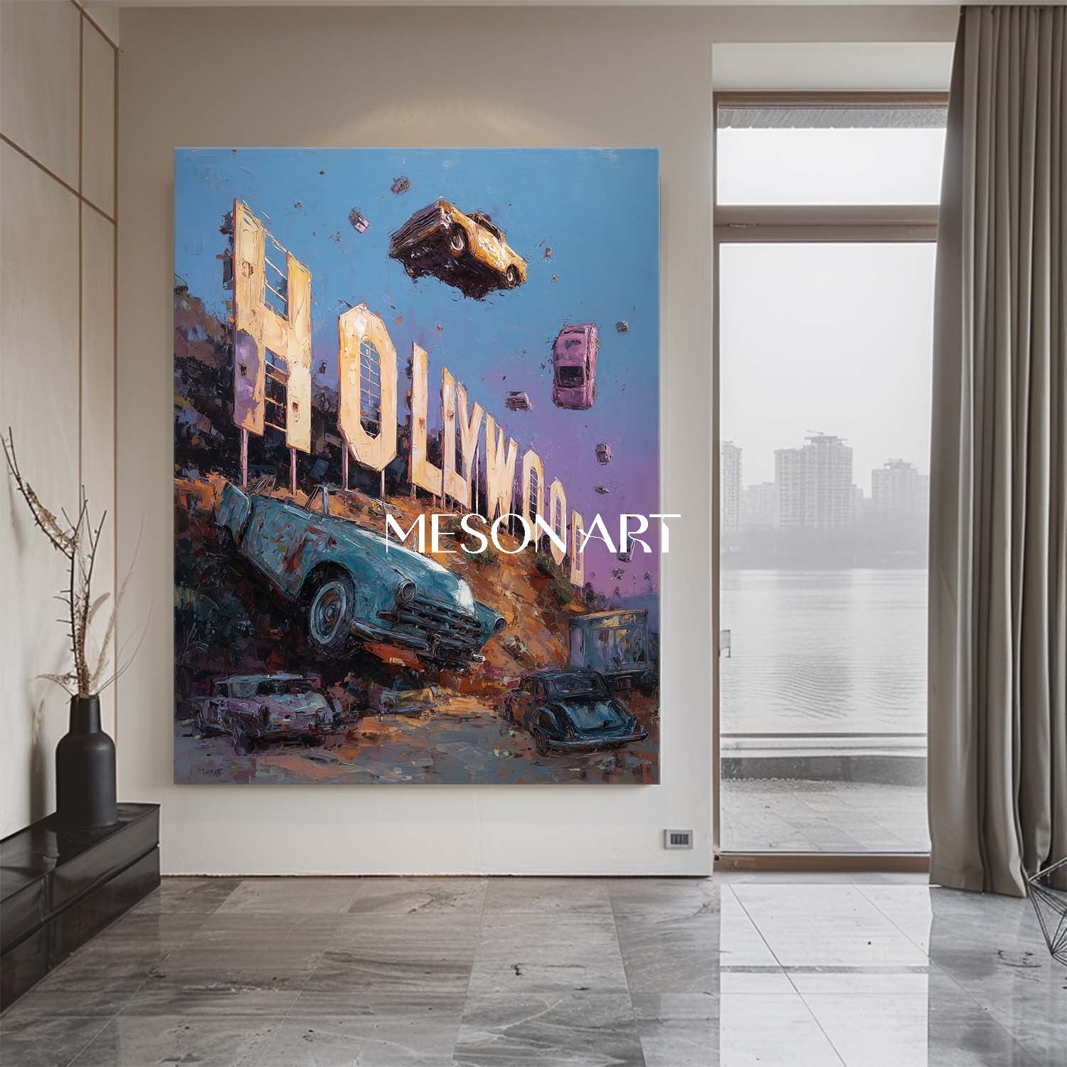 Surreal Hollywood Sign with Floating Cars Canvas Art Sunset Painting