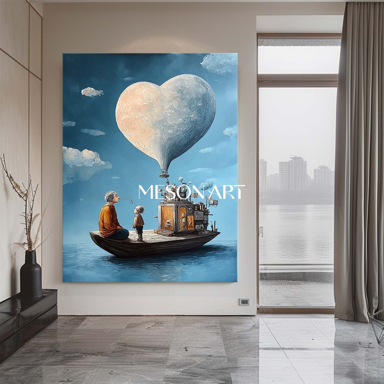 Blue Surreal Art Heart Balloon Boat Painting Large Living Room Canvas