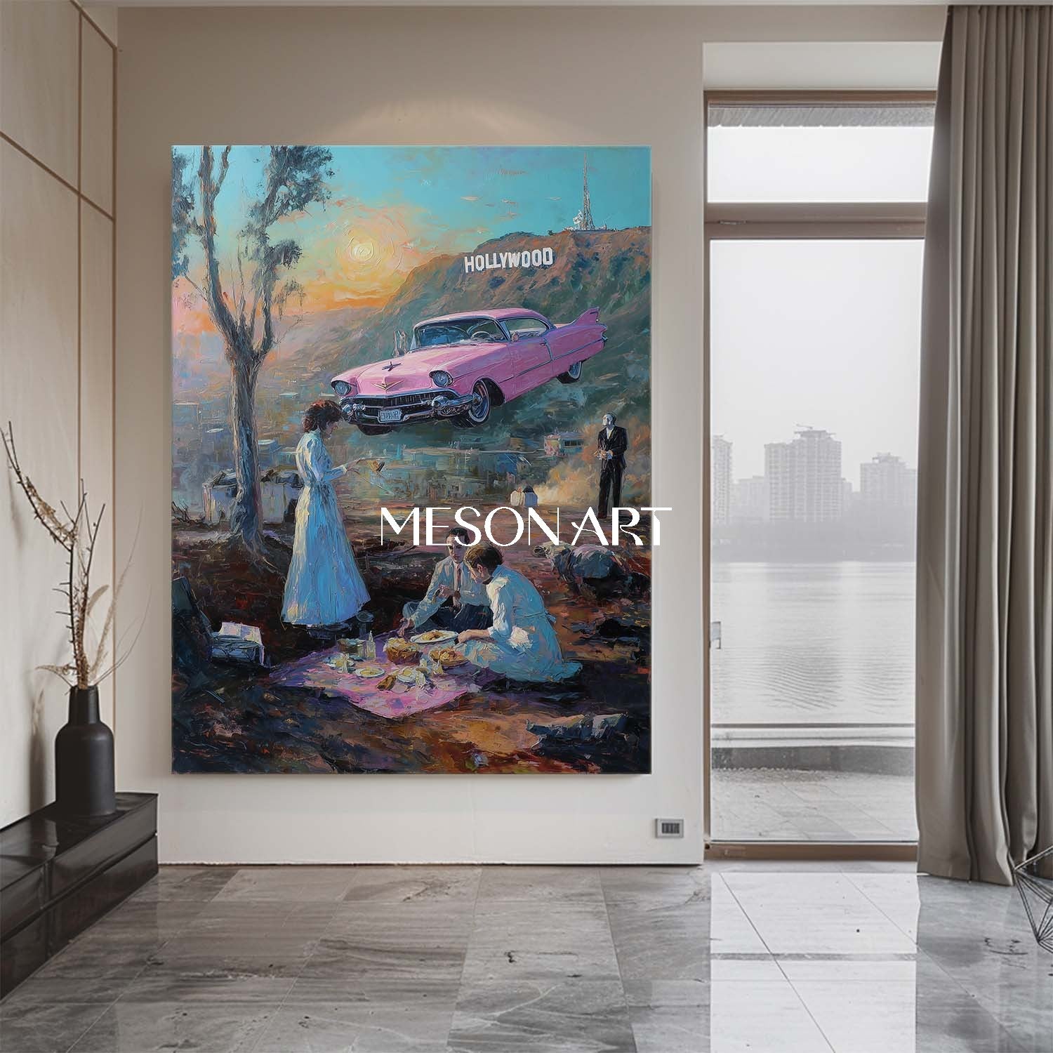 Surreal Pink Cadillac Floating Over Hollywood Picnic Scene Dreamy Art