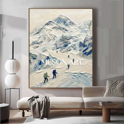 Heavy Texture Snow Mountain Climber Canvas Wall Art for Modern Home