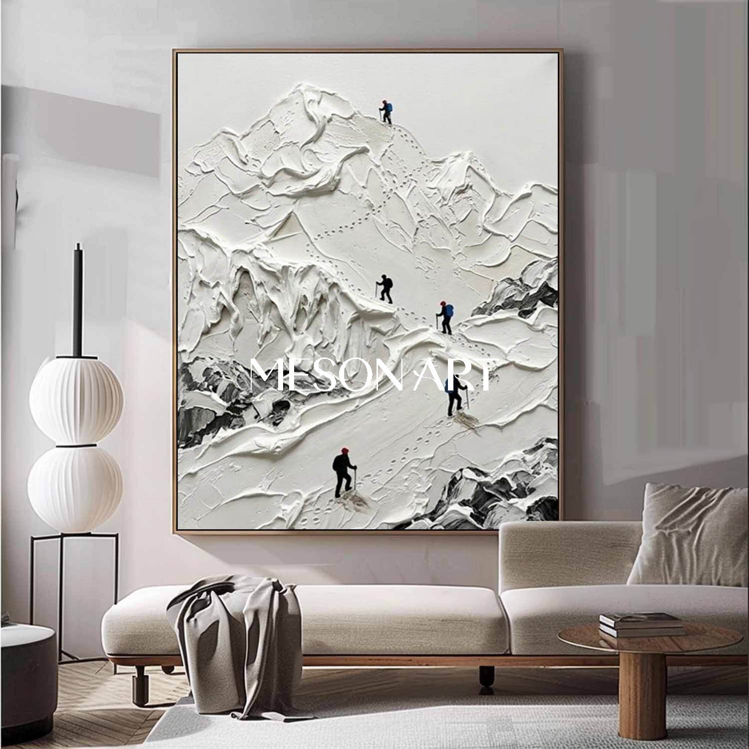 Large 3D Textured Snowy Mountain Hiker Oil Painting Minimalist Alpine Glacier Relief Wall Art Gold Frame