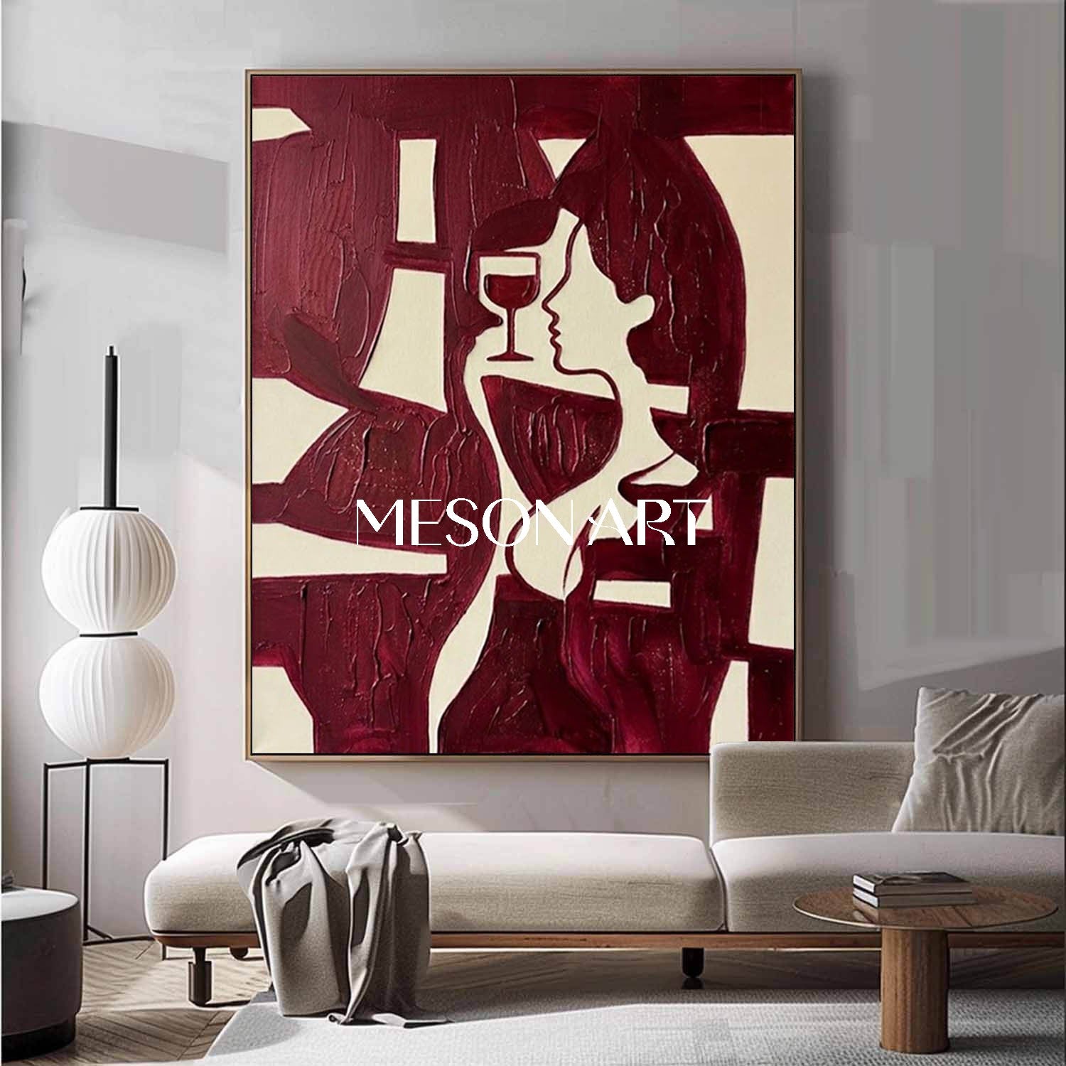Burgundy Impasto Wall Art Modern Romantic Aesthetic Dining Room Statement Piece