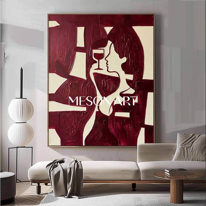 Burgundy Impasto Wall Art Modern Romantic Aesthetic Dining Room Statement Piece