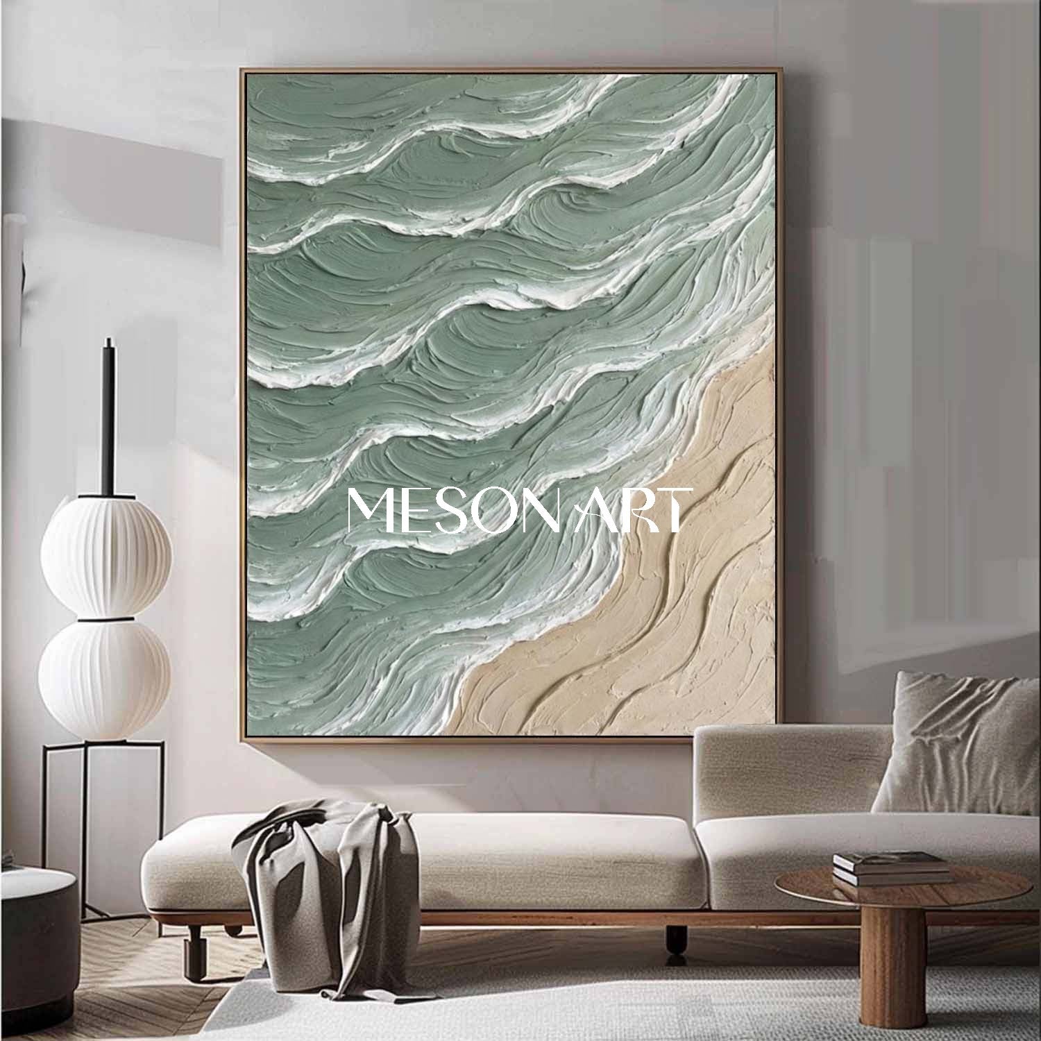 Large White And Green Wave Canvas Wall Painting Minimalist Wave Wall Art Decoration