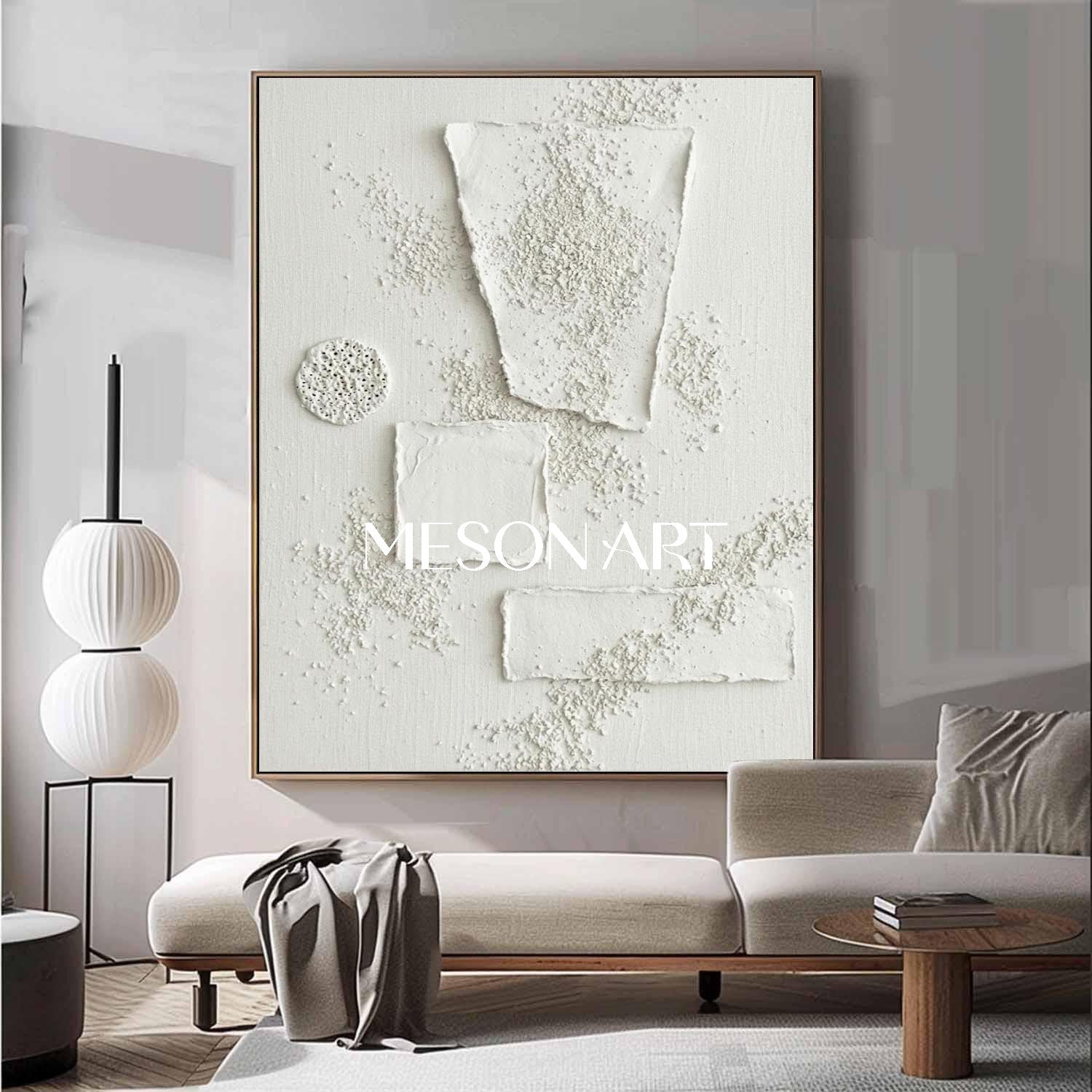 Modern 3D White Geometric Textured Canvas Painting - Abstract Plaster Relief Wall Art by MesonArt