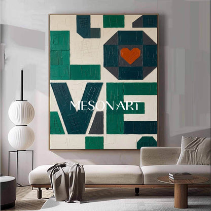 MesonArt 3D Textured Emerald Green LOVE Canvas Art | Geometric Plaster Wall Decor