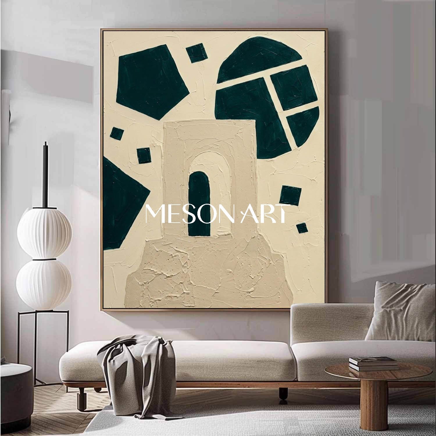 MesonArt 3D Geometric Arch Plaster Canvas | Teal & Beige Wall Art