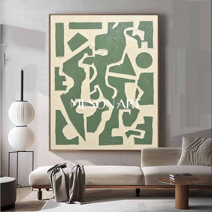 Vertical Sage Green Maze Art Modern Geometric Puzzle Painting MesonArt Exclusive Statement Piece