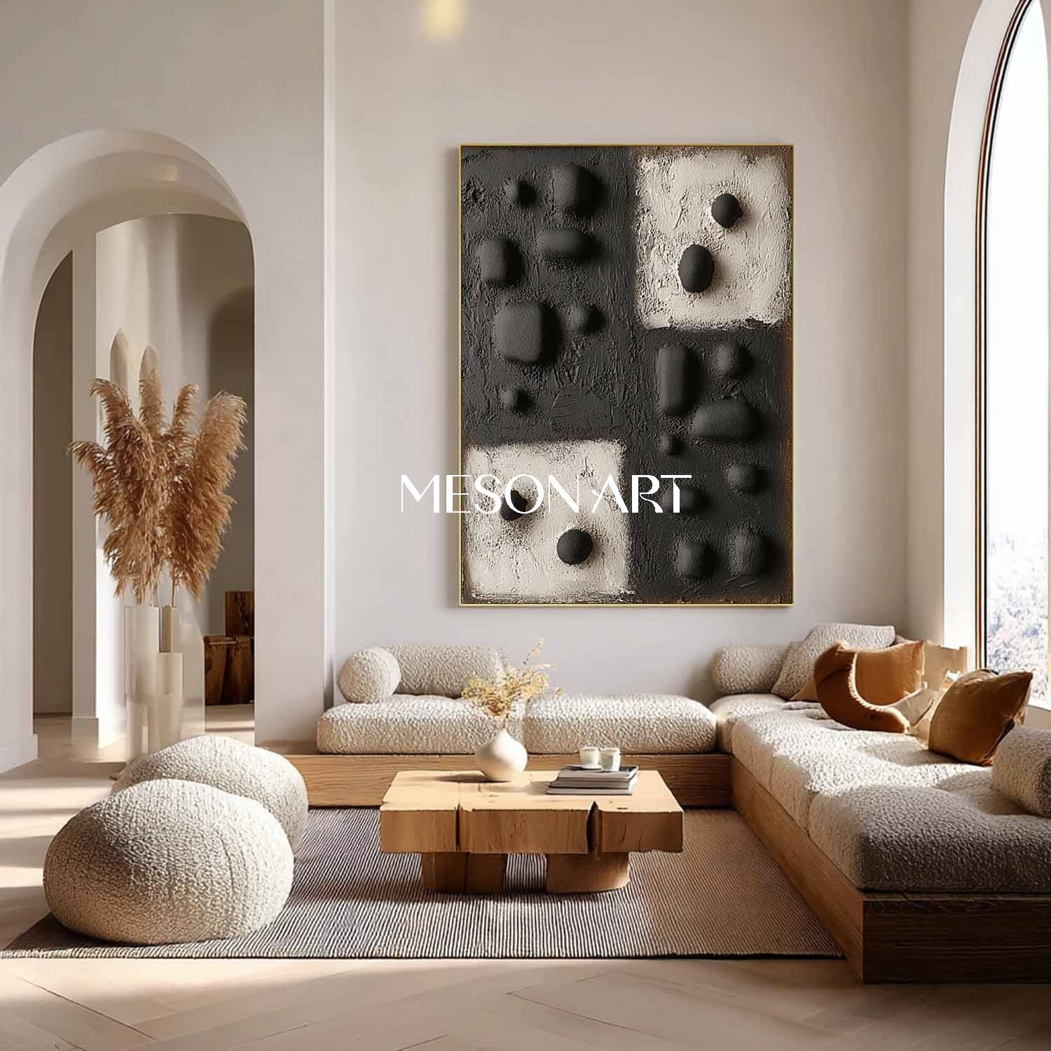 Oversized 3D Textured Abstract Painting – Black and White Canvas Artwork for Luxury Homes
