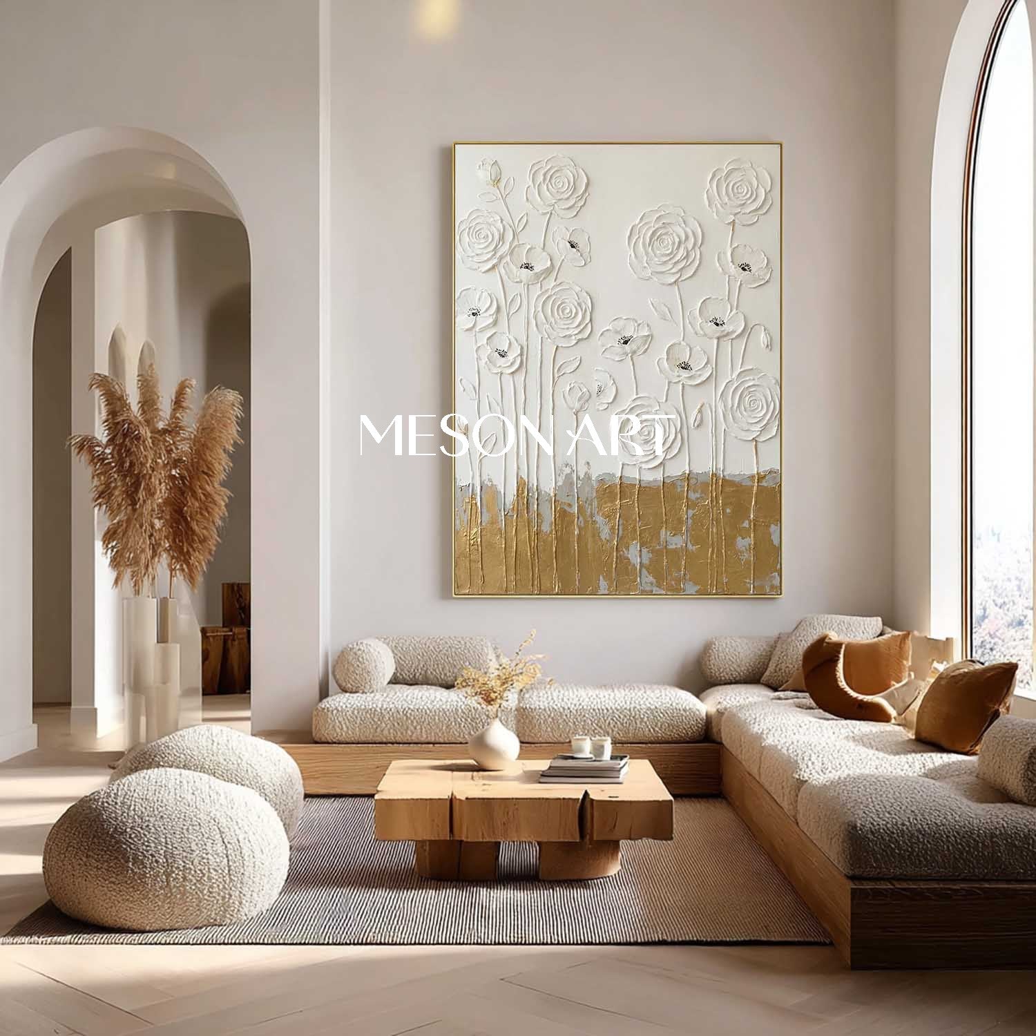 Elegant Bedroom Headboard Decor White Rose Plaster Abstract Canvas Art