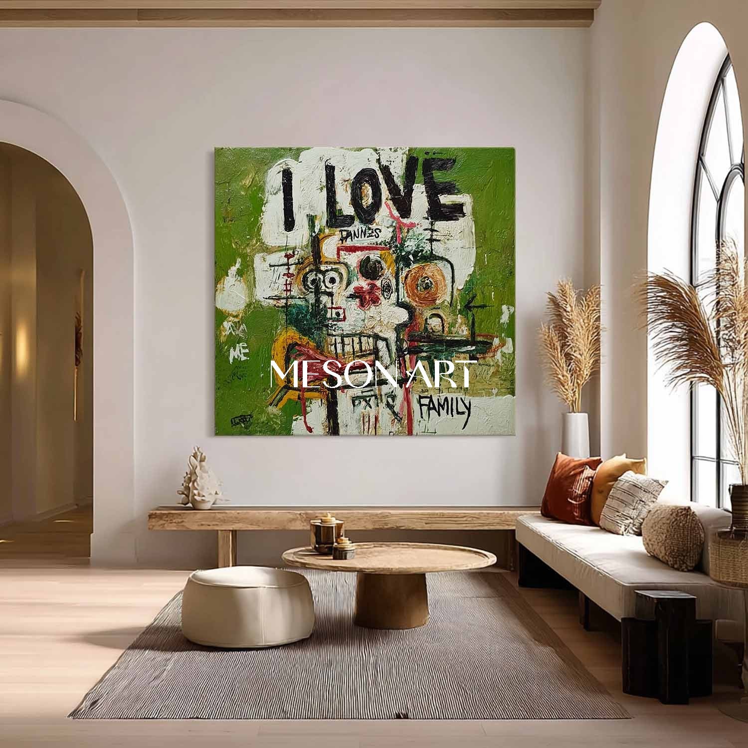 Basquiat Style Abstract Portrait Painting Modern Green Canvas Wall Art