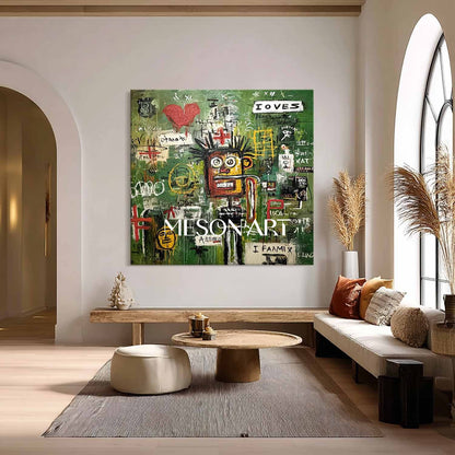 Abstract Graffiti Basquiat Style Green Expressionist Painting Wall Art