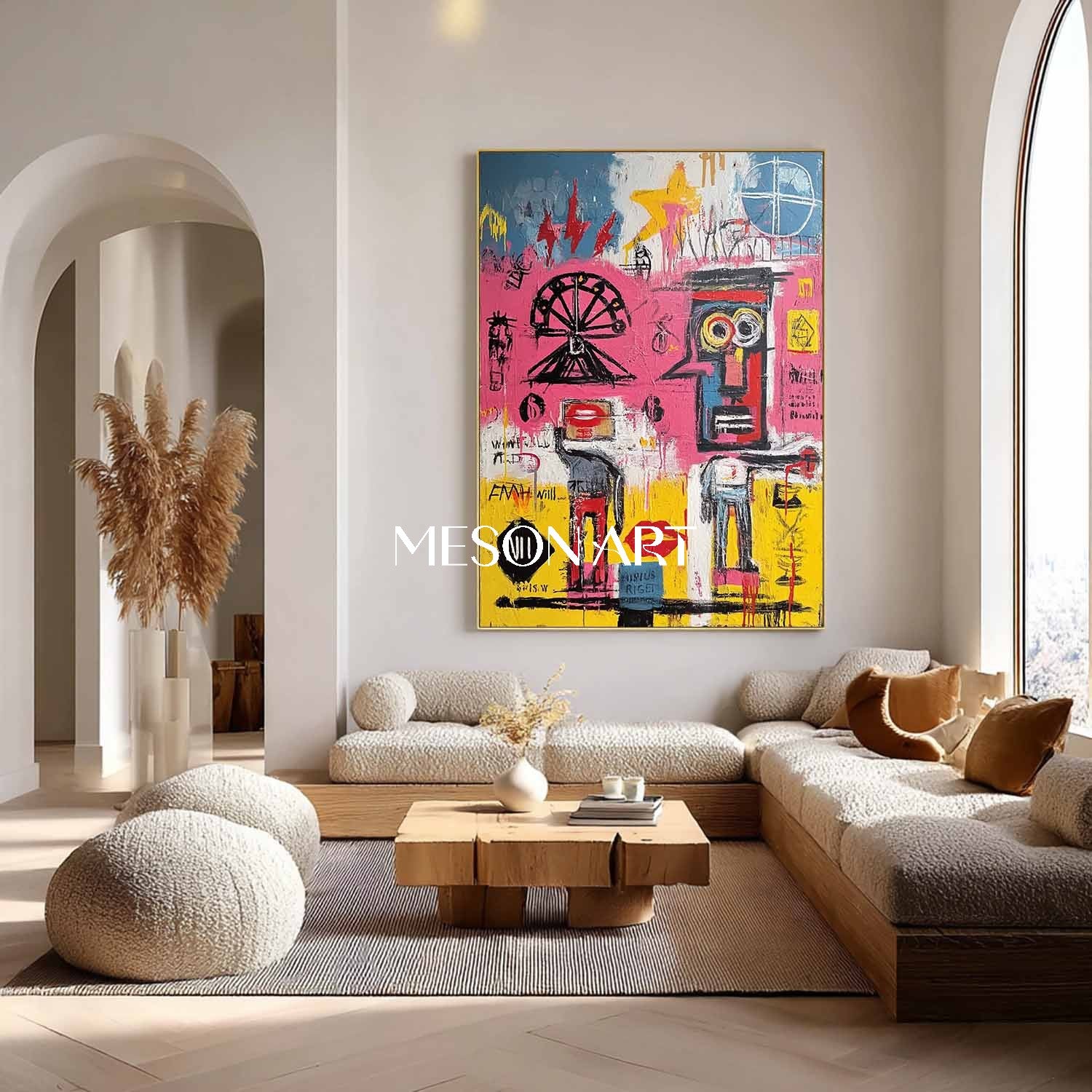 カラフルなバスキア風グラフィティアート原画額装玄関 – MesonArt