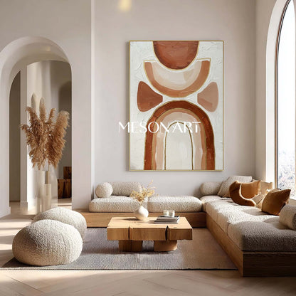Terracotta & Blush Geometric Arch Art | Boho Rainbow Canvas with Gold Lines