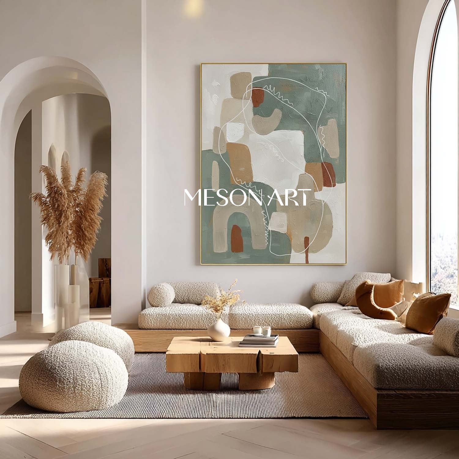 3D Sage Green Abstract Art Organic Boho Canvas with White Sketch Lines