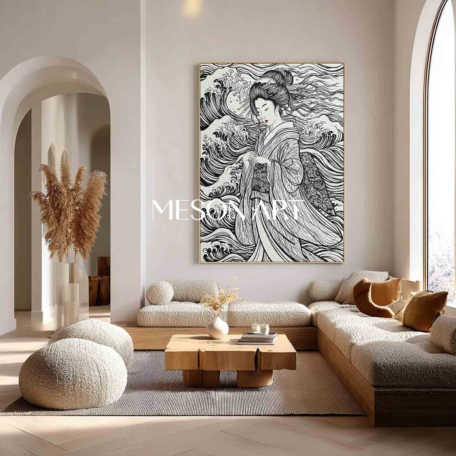 Textured Geisha & Wave Canvas Art | Gold Framed 3D Plaster Painting