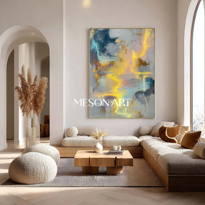 Large Abstract Blue and Gray Painting Contemporary Textured Artwork
