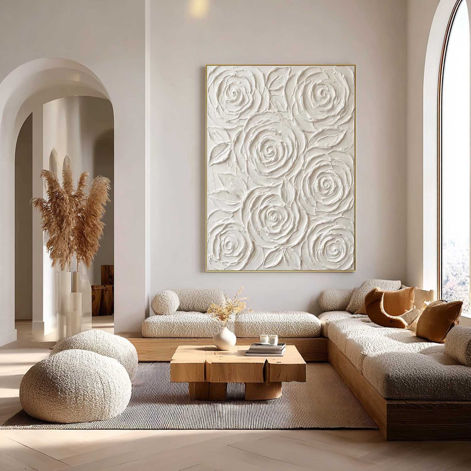 Vertical Gold Framed 3D White Rose Paintings Abstract Textured