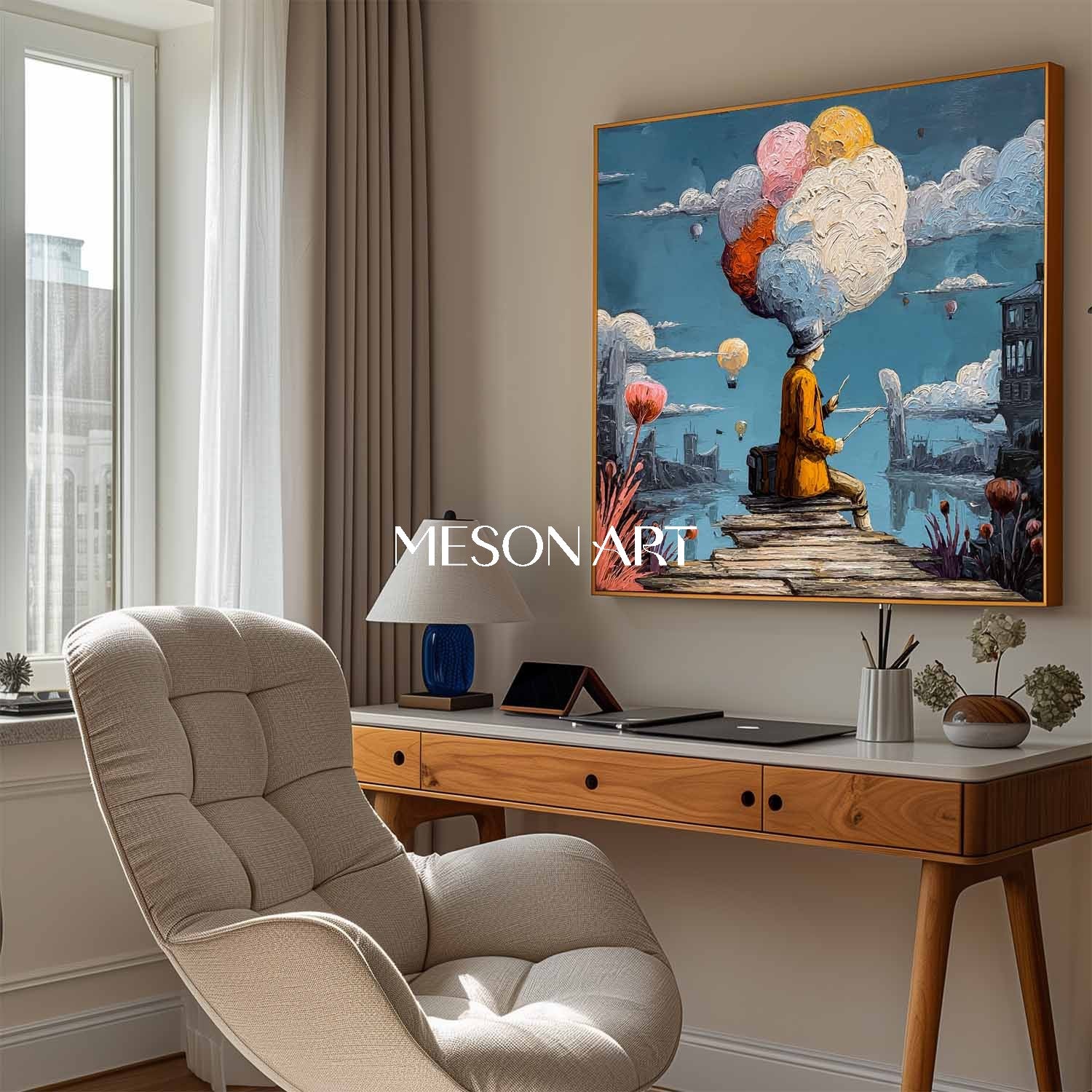思考の雲画家シュールなアートカスタム玄関額装壁キャンバス – MesonArt