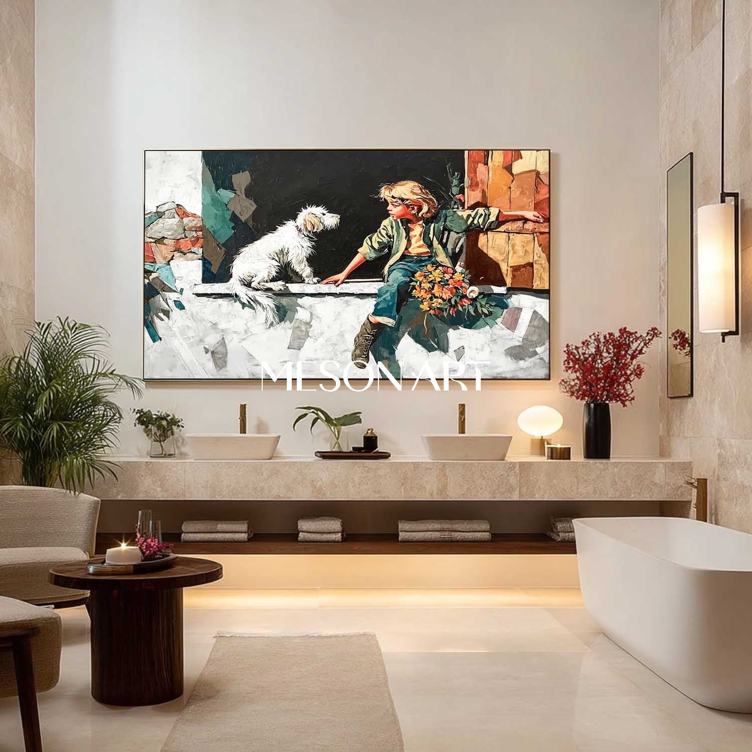 Surreal Blonde Boy and Dog – Dreamlike Stone Window Wall Art| Mesonart
