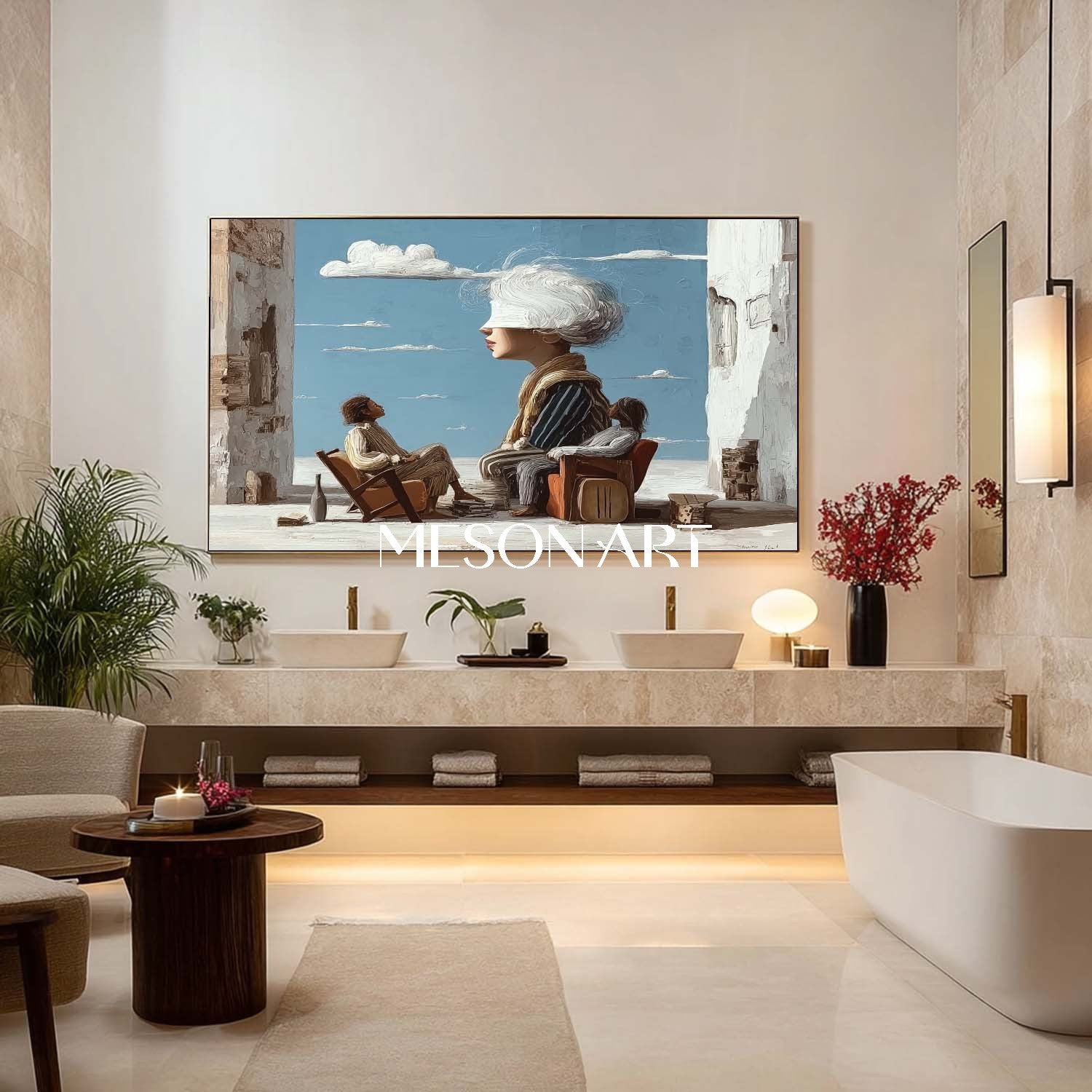 Abstract Sky Person Painting Conceptual Sofa Surreal Scene Symbolic Surreal Canvas for Modern Homes