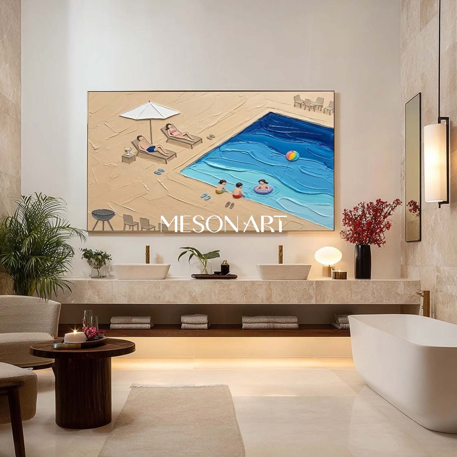 Summer Vacation Poolside Living Room Bedroom Decor Pool Family Impasto Painting Textured Wall Art