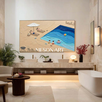 Summer Vacation Poolside Living Room Bedroom Decor Pool Family Impasto Painting Textured Wall Art