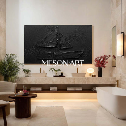 All Black Minimalist Sailboat Textured Canvas Painting Unique Nautical Art Gift