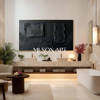Black Minimalist Geometric Textured Canvas Art | 3D Gesso | MesonArt