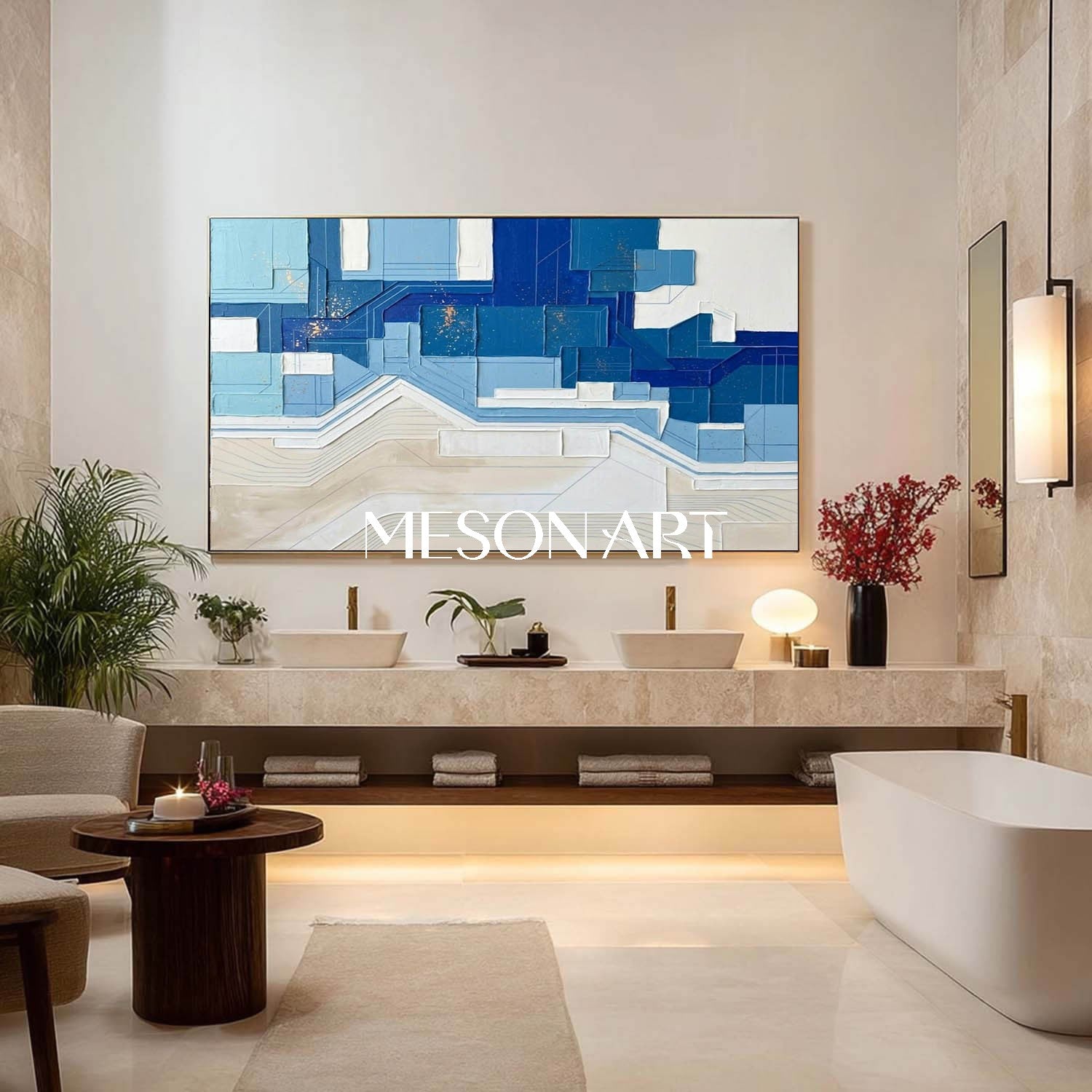 Coastal Modern Wall Decor Blue Abstract Geometric Painting Navy Blue Minimalist Art