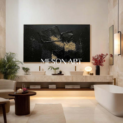 Black & Gold Abstract Textured Canvas Art Industrial Chic Home Office Accent