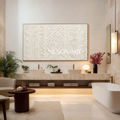 Panoramic White Tribal Geometric Art | 3D Boho Mudcloth Texture