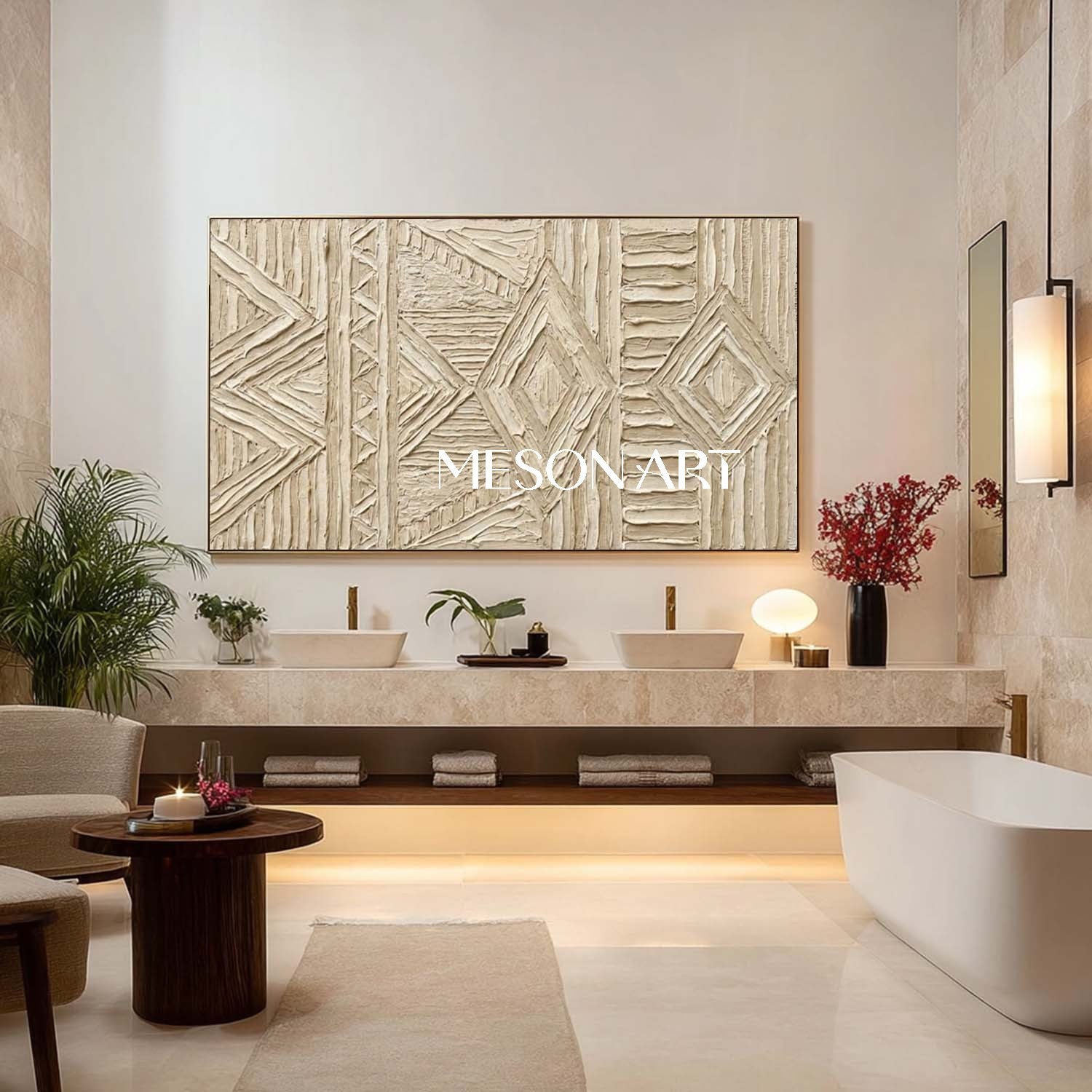 Panoramic Beige Tribal Geometric Art | 3D Textured Relief Decor