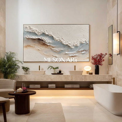 Large 3D Off-White Sea Texture Painting White Plaster Abstract Canvas Wall Art Decoration