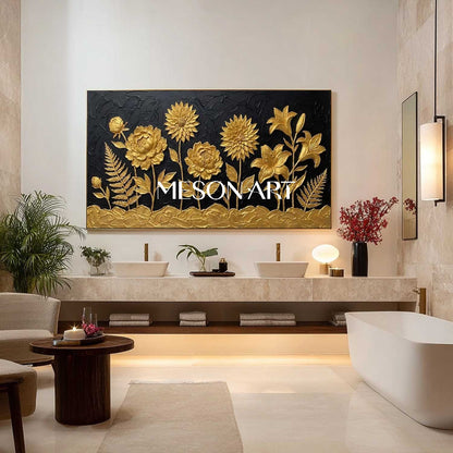 Black And Gold Panoramic 3D Peony Art | Sunflower & Lily Decor