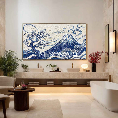 MesonArt 3D Textured Mount Fuji Oil Painting - Blue White Impasto Canvas Wall Art for Living Room